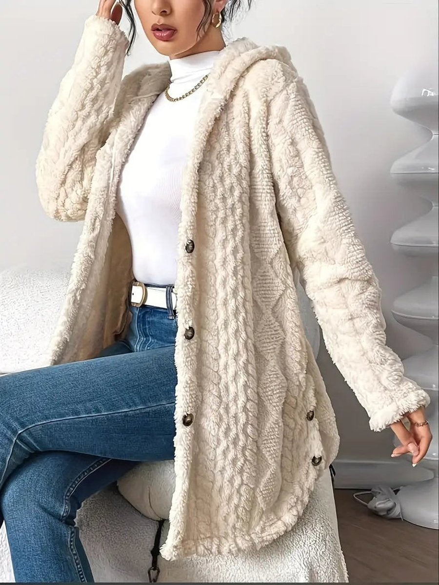 Sanne | Dames Pluche Hooded Longline Cardigan met Knoopsluiting
