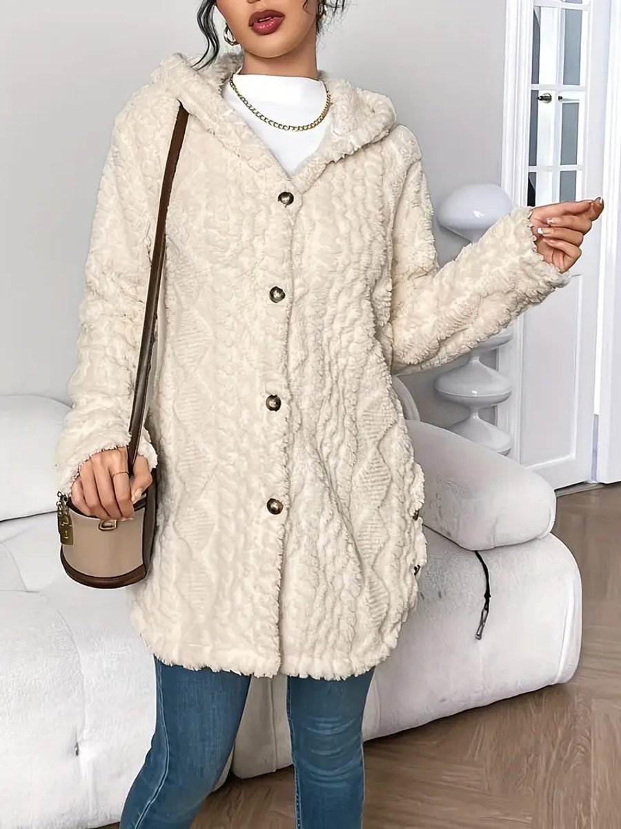 Sanne | Dames Pluche Hooded Longline Cardigan met Knoopsluiting