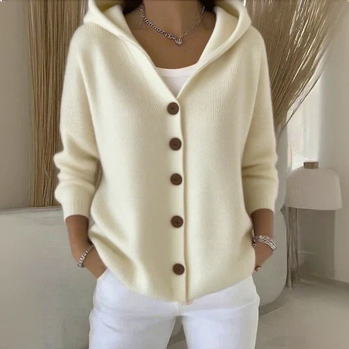 Sophie | Dames Relaxed-Fit Gebreide Cardigan Met Capuchon Knoopsluiting