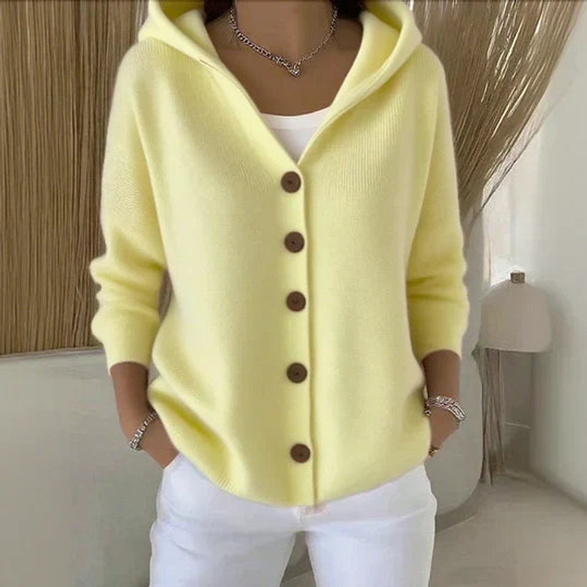 Sophie | Dames Relaxed-Fit Gebreide Cardigan Met Capuchon Knoopsluiting