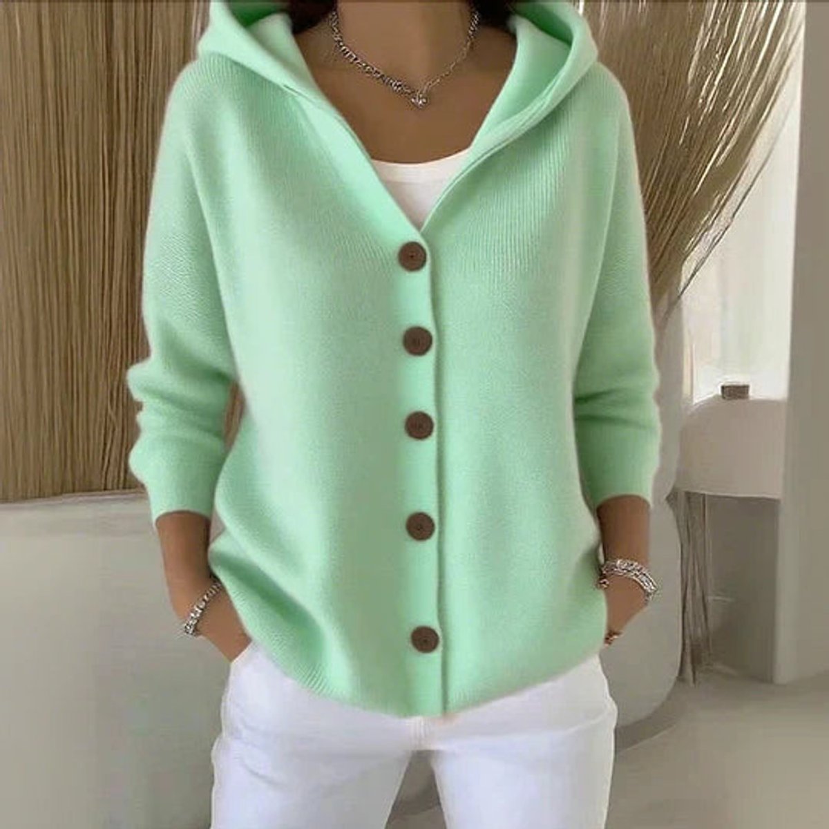 Sophie | Dames Relaxed-Fit Gebreide Cardigan Met Capuchon Knoopsluiting