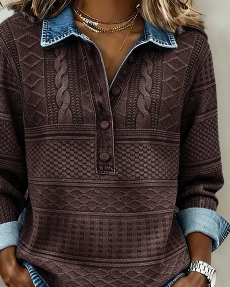 Nina | Dames Relaxed-Fit Half-Button Gestructureerde Sweatshirt met Kraag