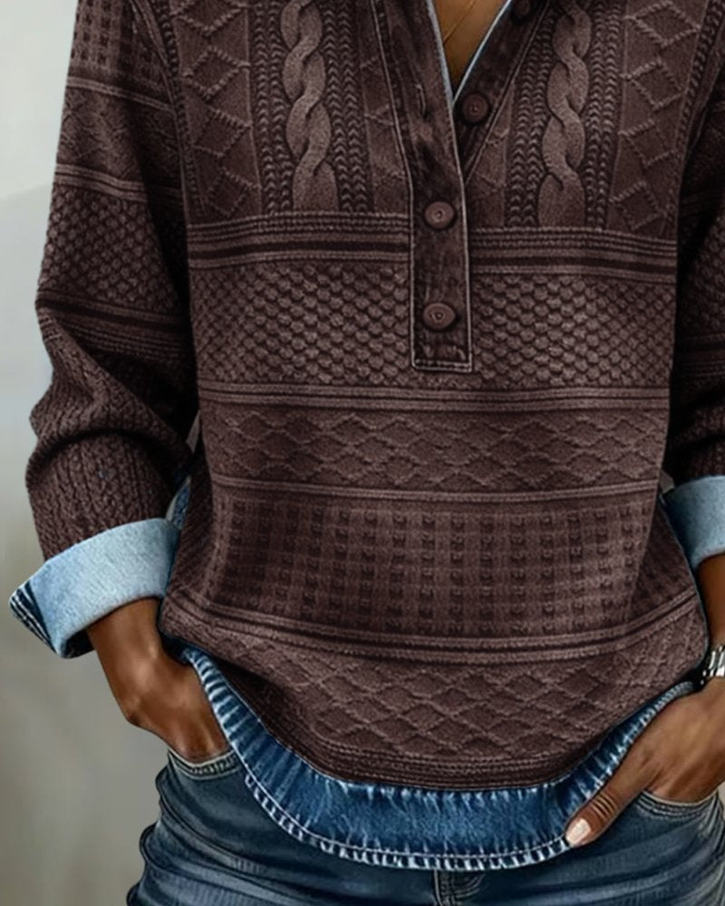 Nina | Dames Relaxed-Fit Half-Button Gestructureerde Sweatshirt met Kraag
