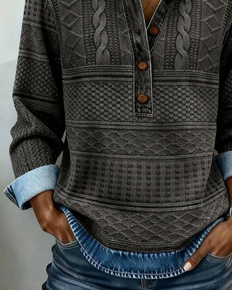 Nina | Dames Relaxed-Fit Half-Button Gestructureerde Sweatshirt met Kraag