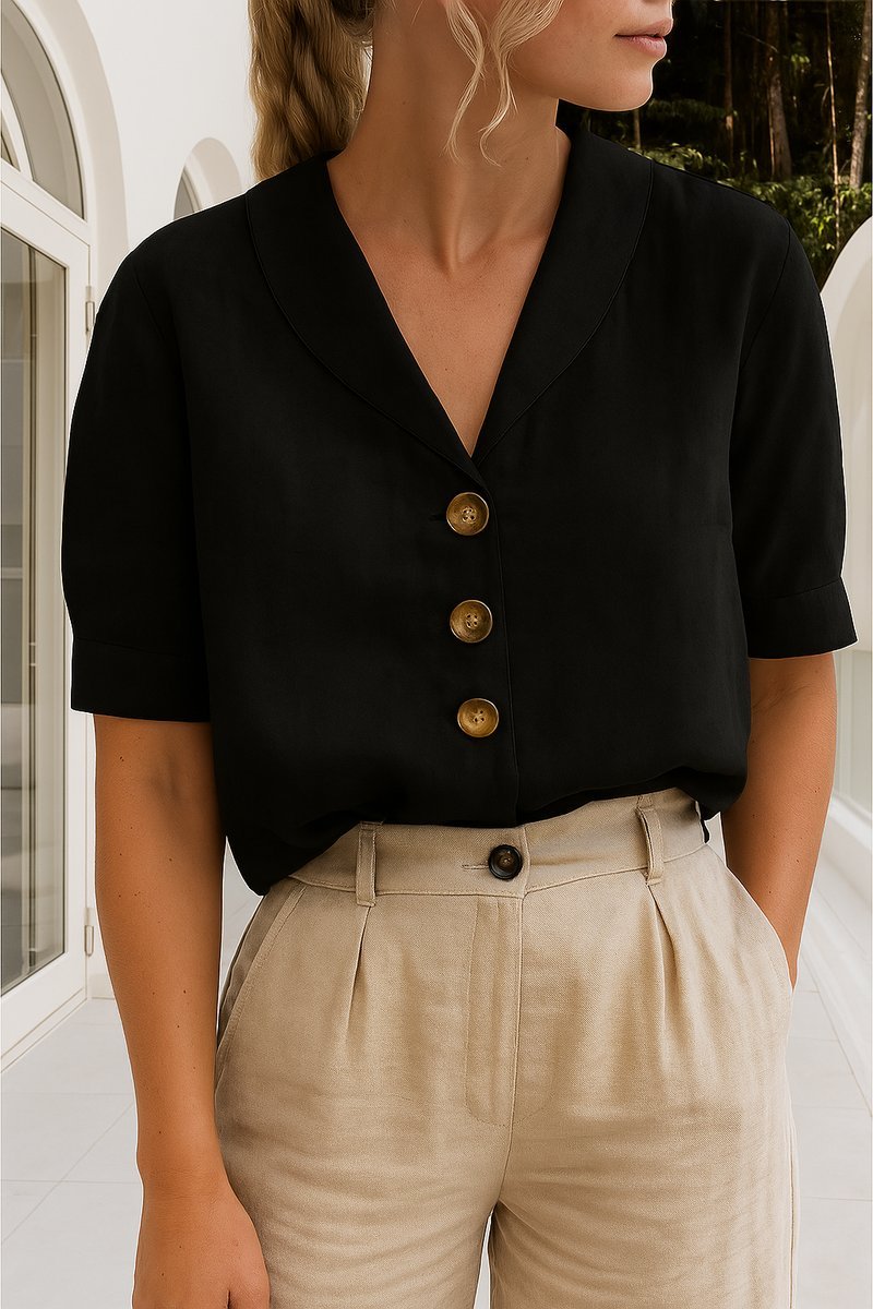 Lieke | Dames Relaxed-Fit Korte Mouw Knoopsluiting Kraag Blouse