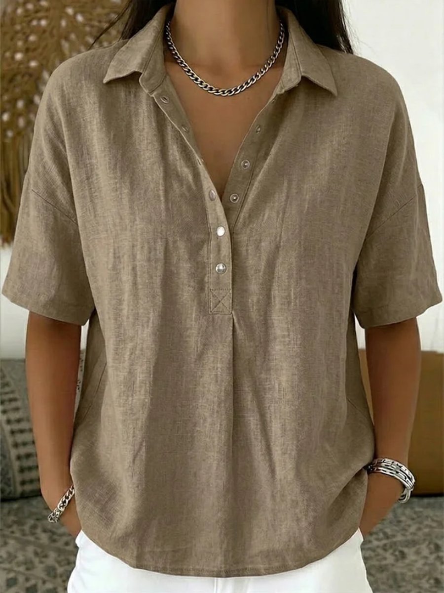 Olivia | Dames Relaxed-Fit Korte Mouw Linnen Blouse met Knoopsluiting