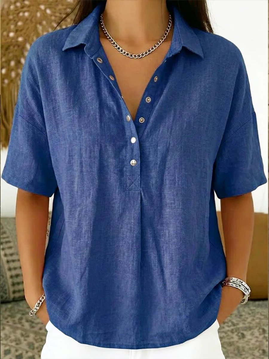 Olivia | Dames Relaxed-Fit Korte Mouw Linnen Blouse met Knoopsluiting