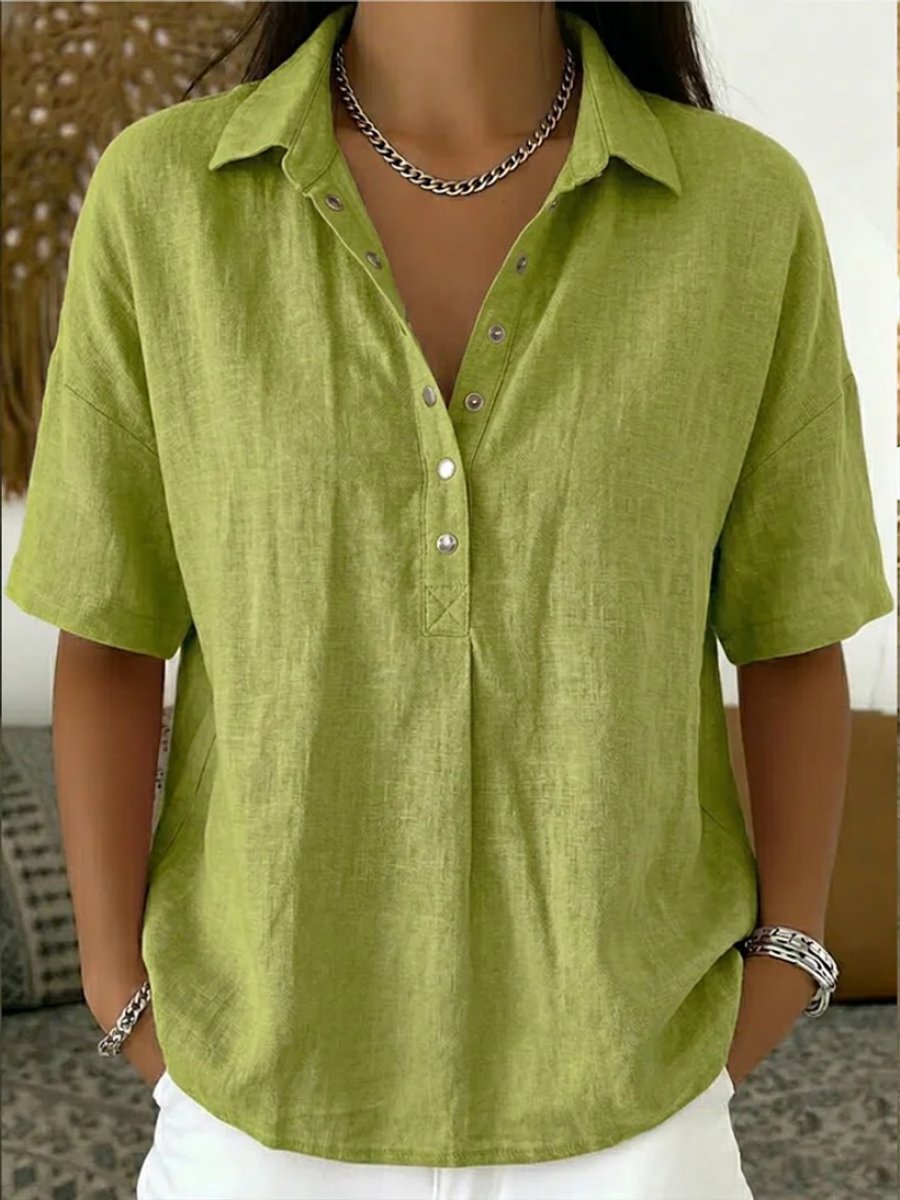 Olivia | Dames Relaxed-Fit Korte Mouw Linnen Blouse met Knoopsluiting