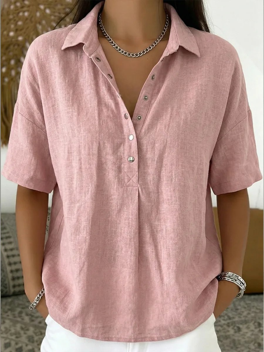 Olivia | Dames Relaxed-Fit Korte Mouw Linnen Blouse met Knoopsluiting