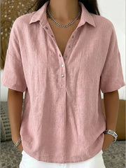 Olivia | Dames Relaxed-Fit Korte Mouw Linnen Blouse met Knoopsluiting