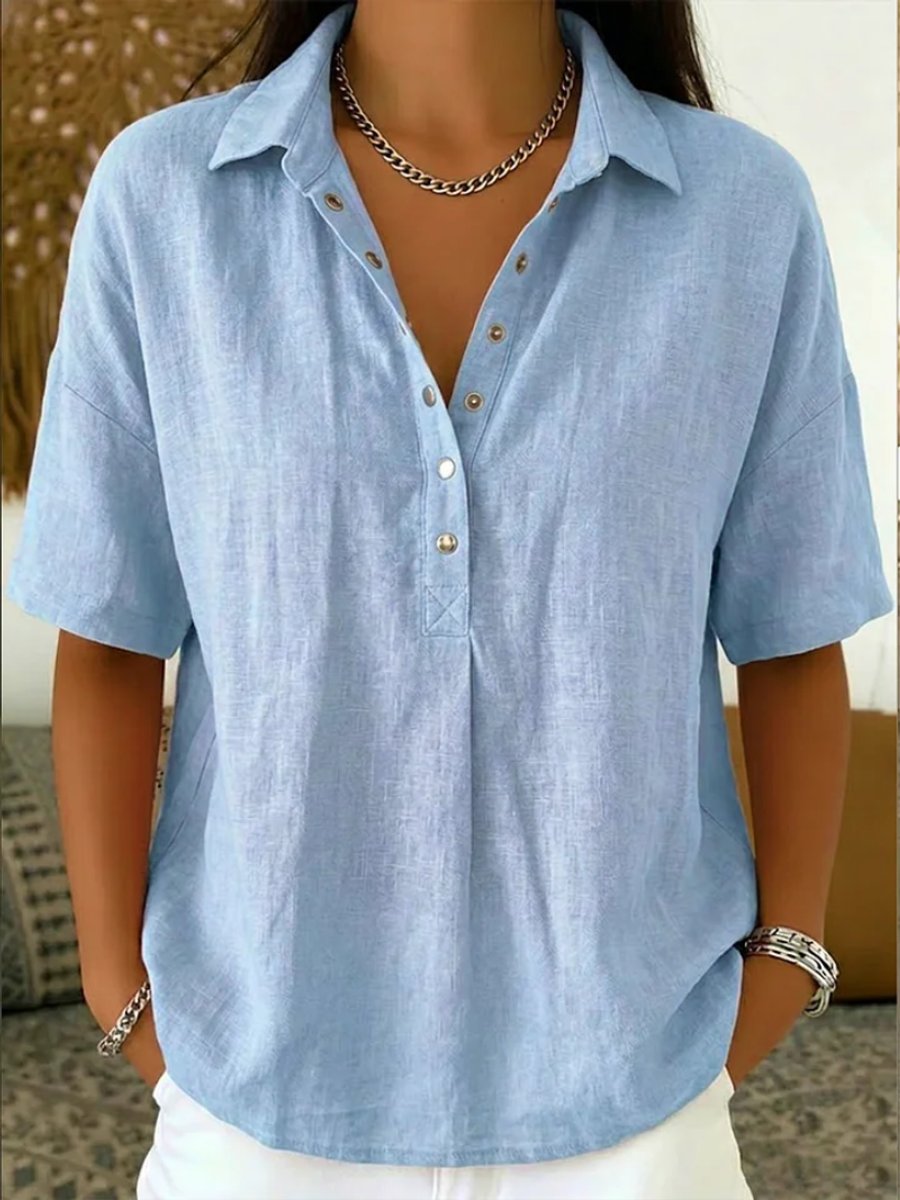 Olivia | Dames Relaxed-Fit Korte Mouw Linnen Blouse met Knoopsluiting