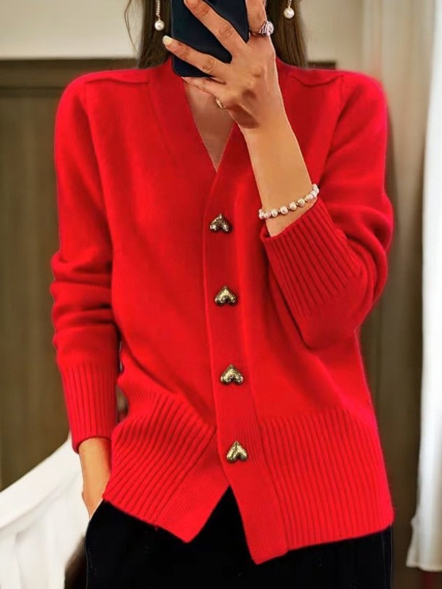Olivia | Dames Relaxed-Fit V-Hals Gebreide Cardigan Gouden Hartknopen