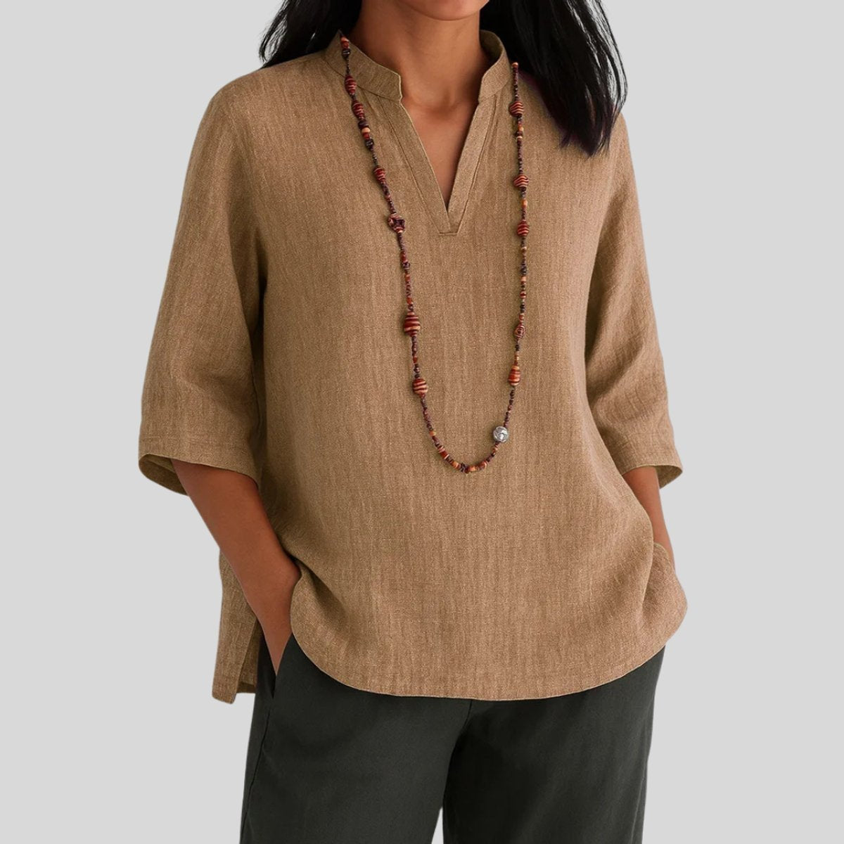 Femke | Dames Relaxed-Fit V-Hals Linnen Tunic met Driekwart Mouw
