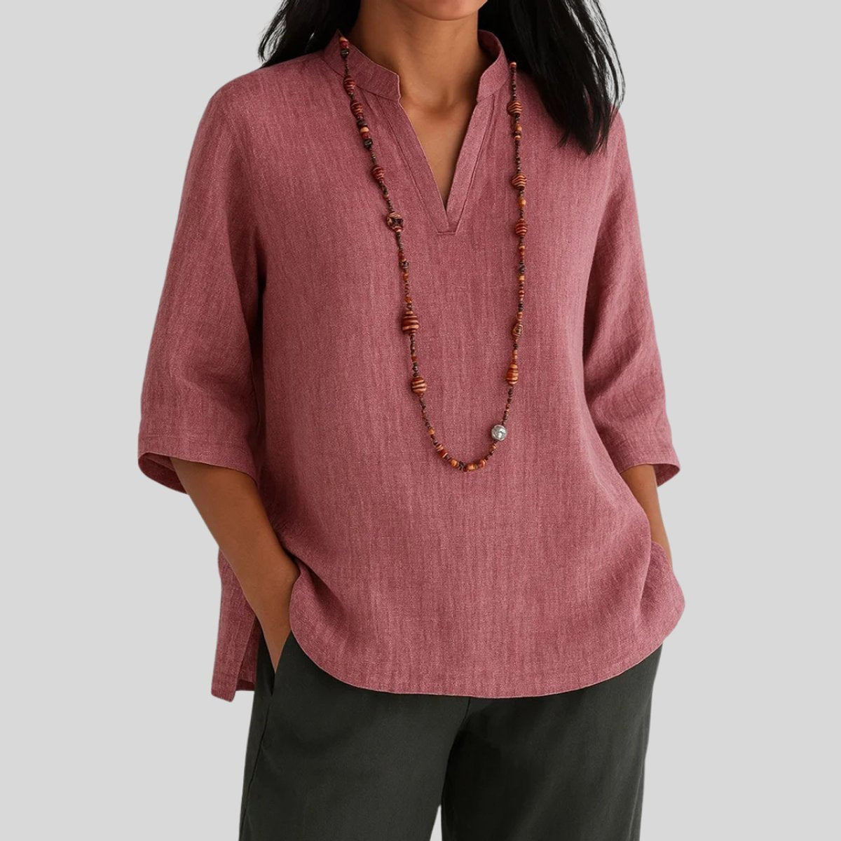 Femke | Dames Relaxed-Fit V-Hals Linnen Tunic met Driekwart Mouw