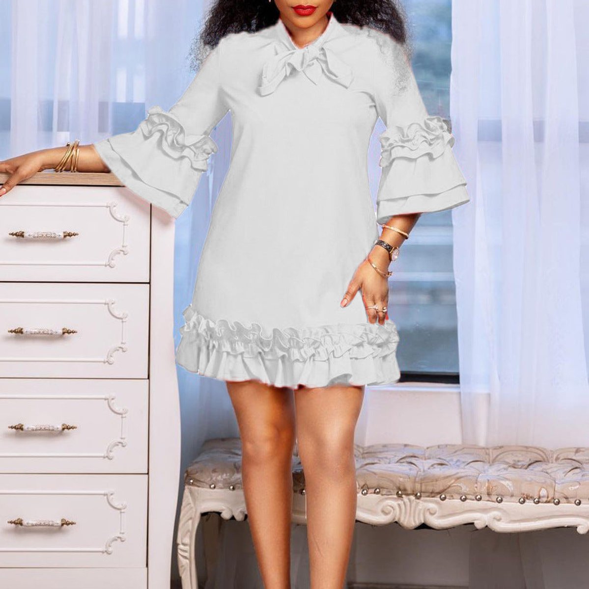 Anna | Dames Ruches Strikkkraag Tunic Jurk Driekwart Mouw