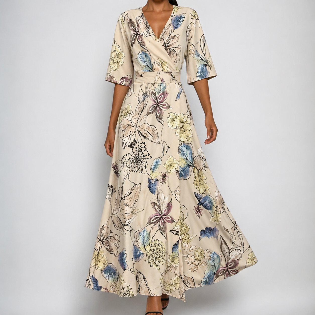 Anna | Dames Satijn Bloemenprint Wikkel Maxi Jurk V-hals Riem