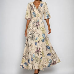 Anna | Dames Satijn Bloemenprint Wikkel Maxi Jurk V-hals Riem
