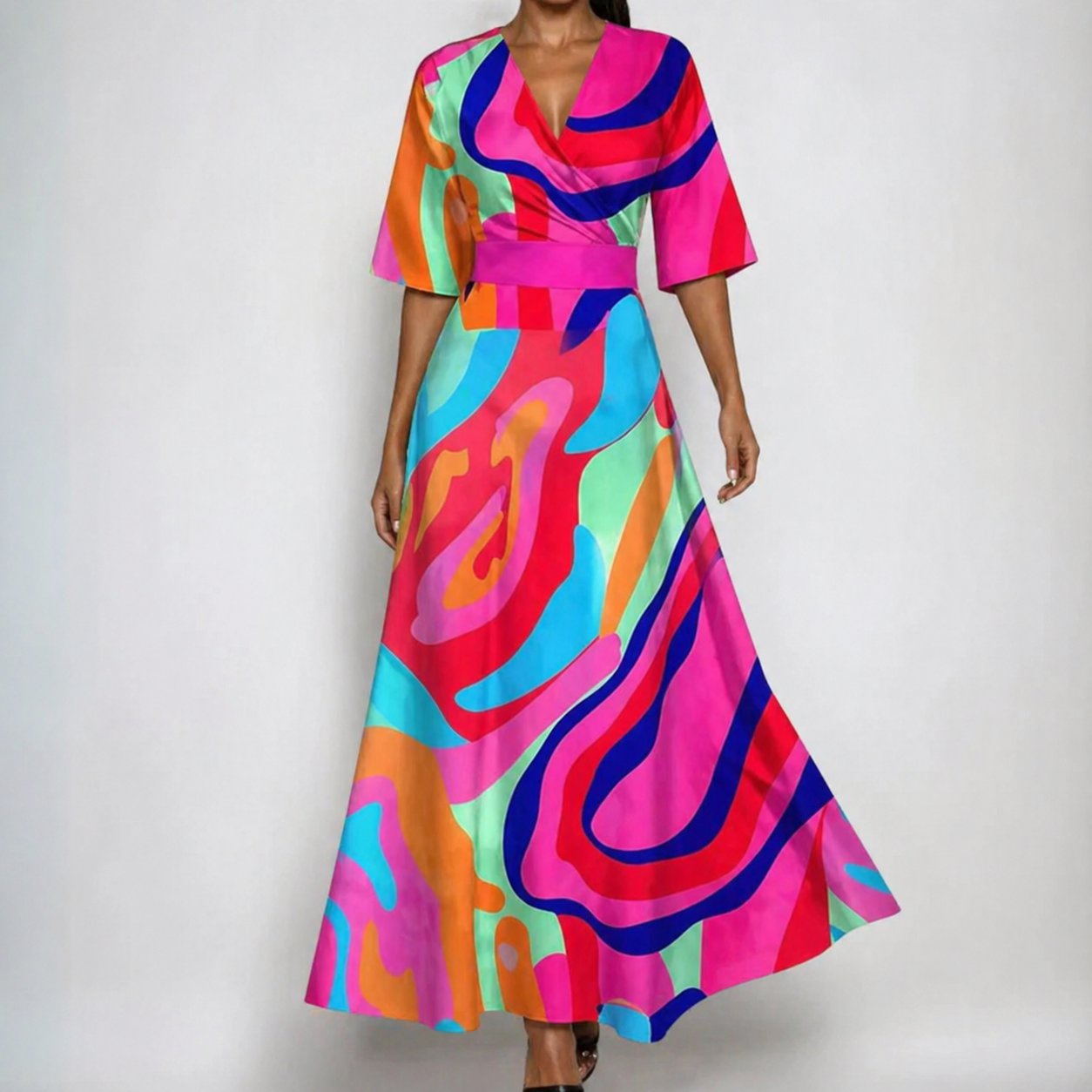 Anna | Dames Satijn Bloemenprint Wikkel Maxi Jurk V-hals Riem