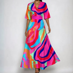 Anna | Dames Satijn Bloemenprint Wikkel Maxi Jurk V-hals Riem