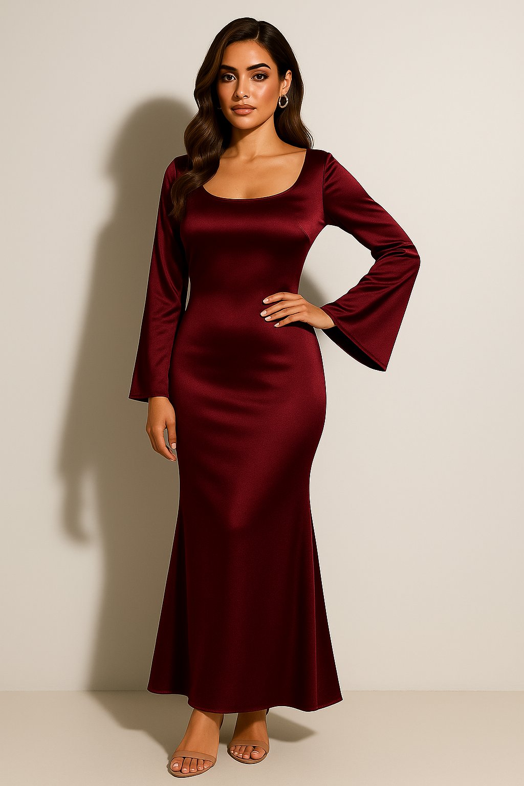 Lieke | Dames Satijn Lange Mouw Scoop Neck Fishtail Maxi Jurk