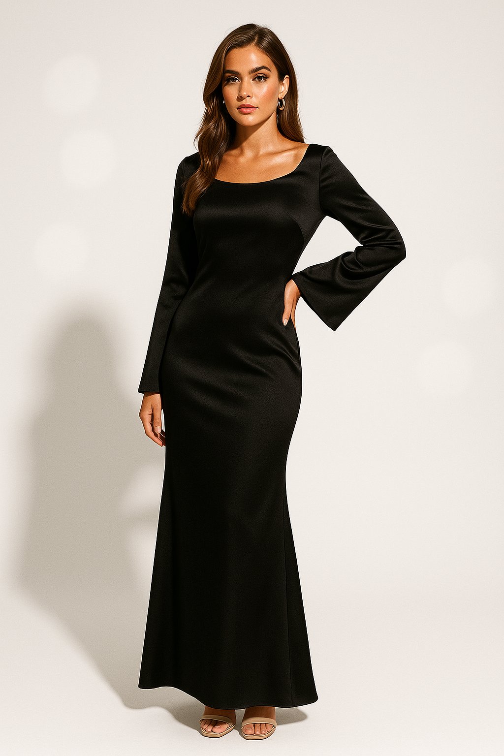 Lieke | Dames Satijn Lange Mouw Scoop Neck Fishtail Maxi Jurk