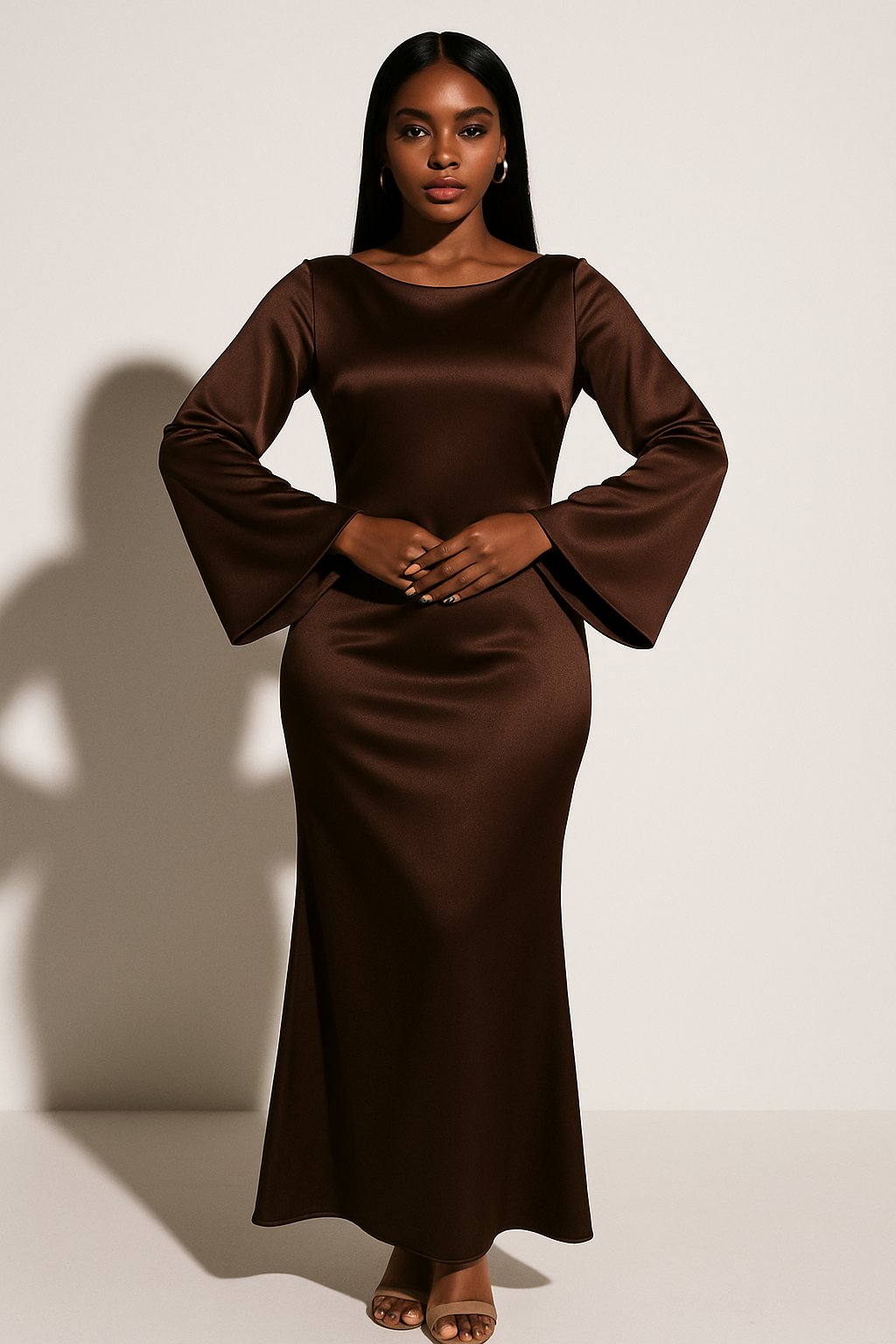 Lieke | Dames Satijn Lange Mouw Scoop Neck Fishtail Maxi Jurk
