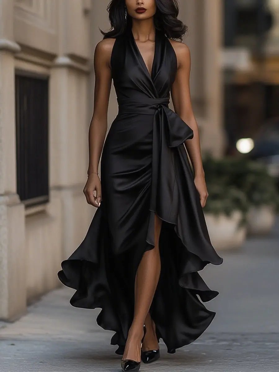 Nina | Dames Satijnen Halter Cocktail Party Dress Wikkelrok Ruches Maxi