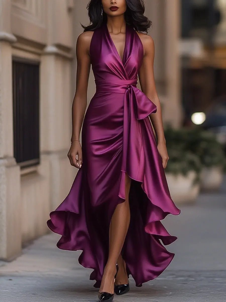 Nina | Dames Satijnen Halter Cocktail Party Dress Wikkelrok Ruches Maxi