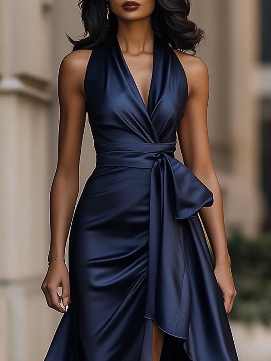 Nina | Dames Satijnen Halter Cocktail Party Dress Wikkelrok Ruches Maxi