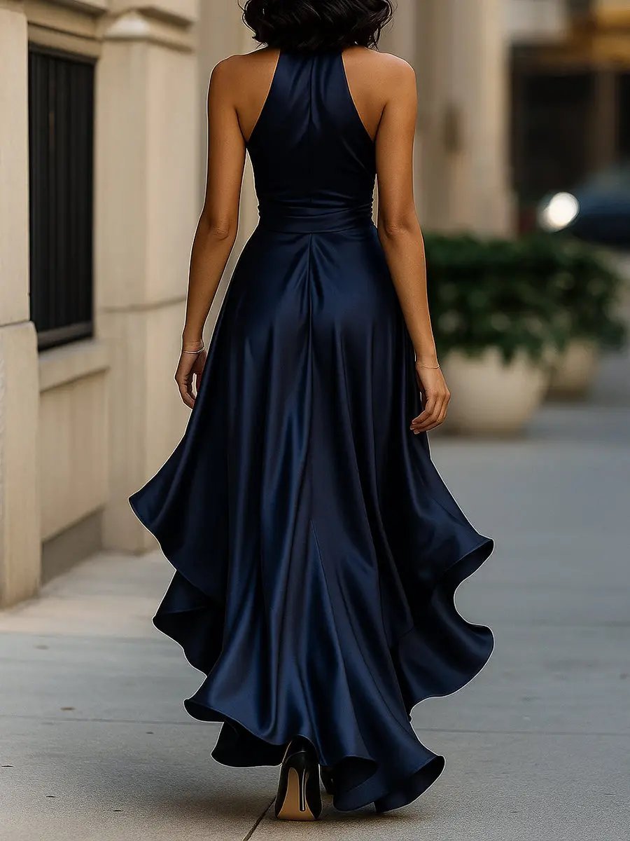 Nina | Dames Satijnen Halter Cocktail Party Dress Wikkelrok Ruches Maxi