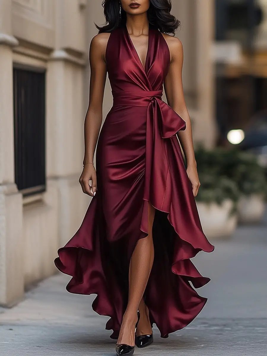 Nina | Dames Satijnen Halter Cocktail Party Dress Wikkelrok Ruches Maxi