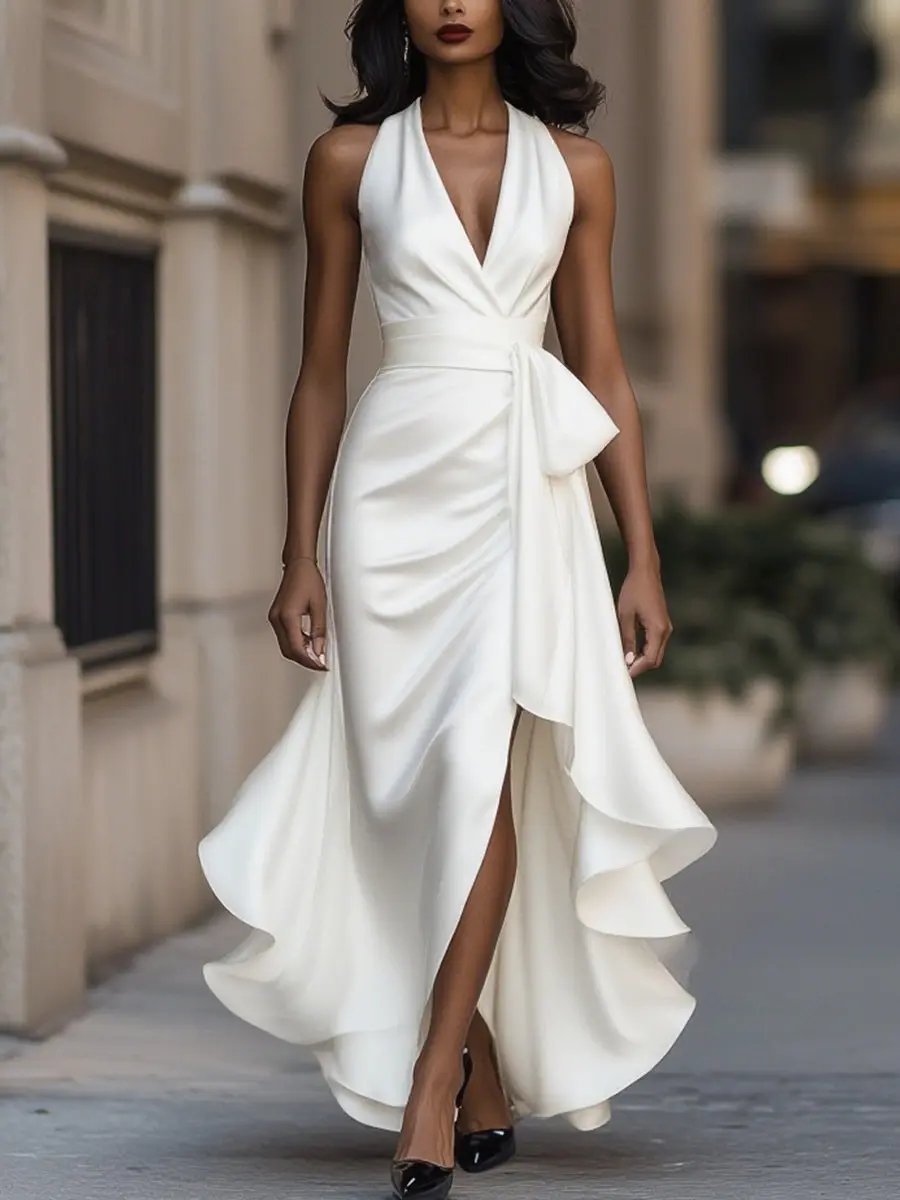 Nina | Dames Satijnen Halter Cocktail Party Dress Wikkelrok Ruches Maxi
