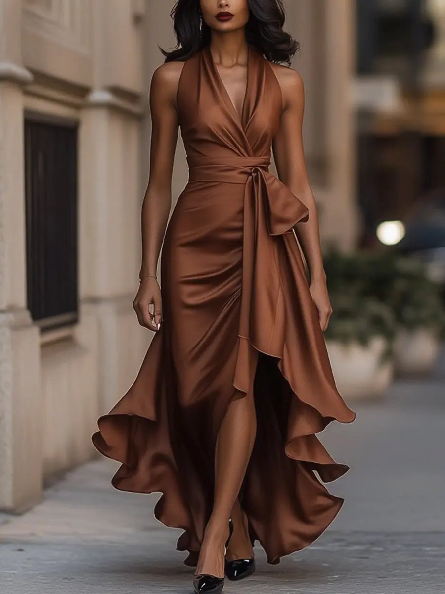 Nina | Dames Satijnen Halter Cocktail Party Dress Wikkelrok Ruches Maxi