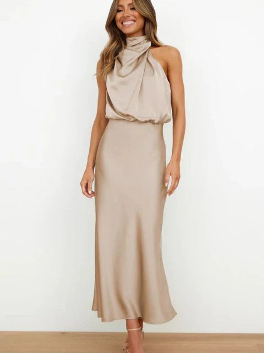 Lotte | Dames Satijnen Halter Midi Cocktail Party Dress Elegante Avondjurk