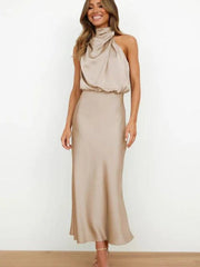 Lotte | Dames Satijnen Halter Midi Cocktail Party Dress Elegante Avondjurk