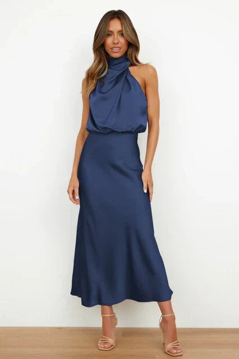 Lotte | Dames Satijnen Halter Midi Cocktail Party Dress Elegante Avondjurk