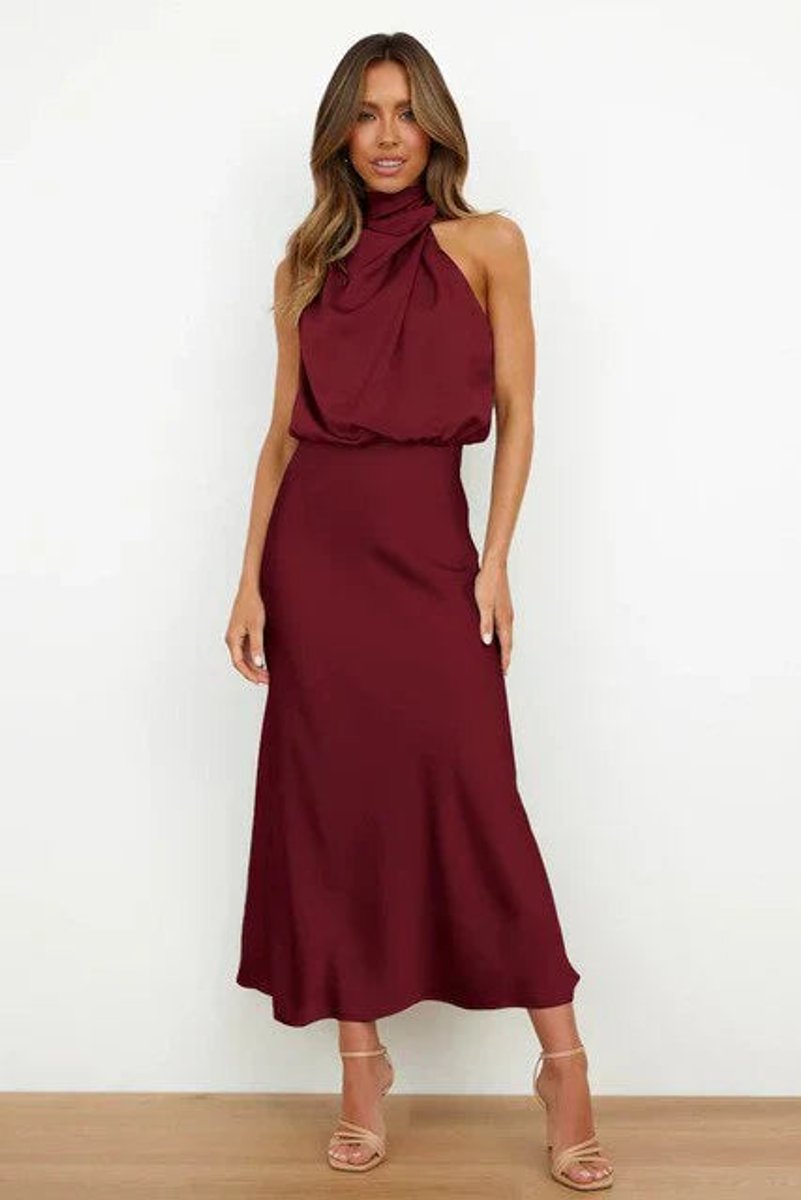 Lotte | Dames Satijnen Halter Midi Cocktail Party Dress Elegante Avondjurk