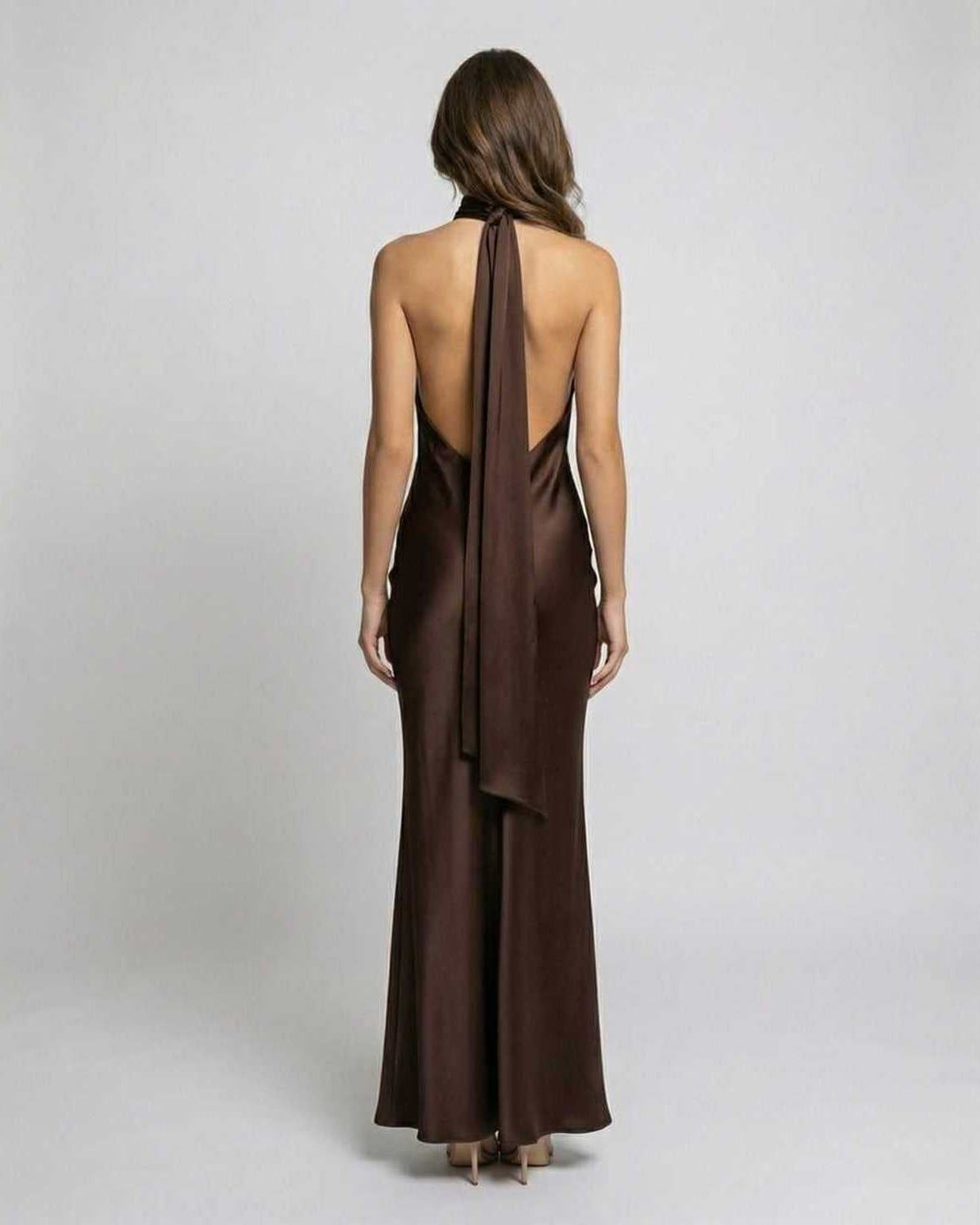 Lisa | Dames Satijnen Halter Neckholder Maxi Jurk Open Rug