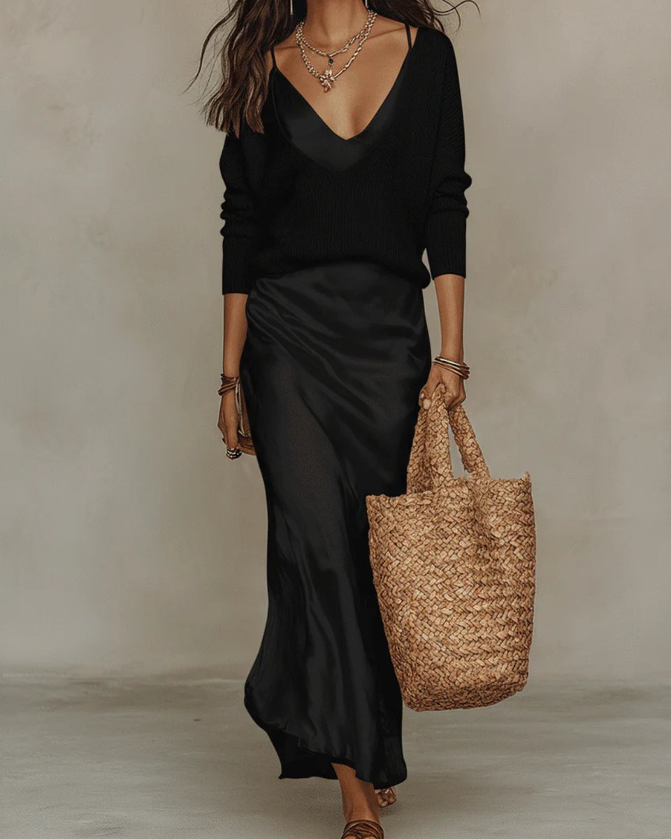 Lotte | Dames Satijnen Midi Long Sleeve Dress met Gebreide Pullover
