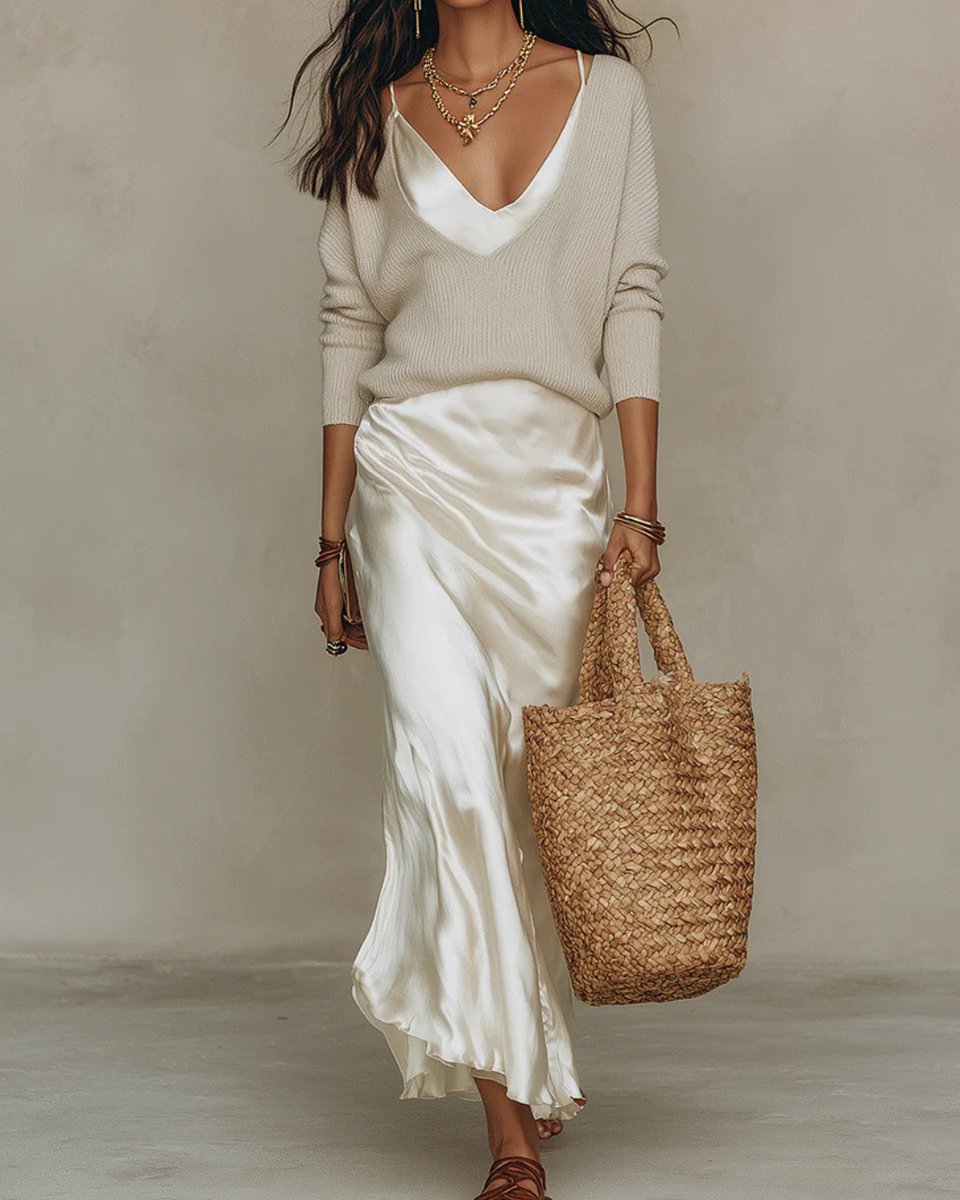 Lotte | Dames Satijnen Midi Long Sleeve Dress met Gebreide Pullover