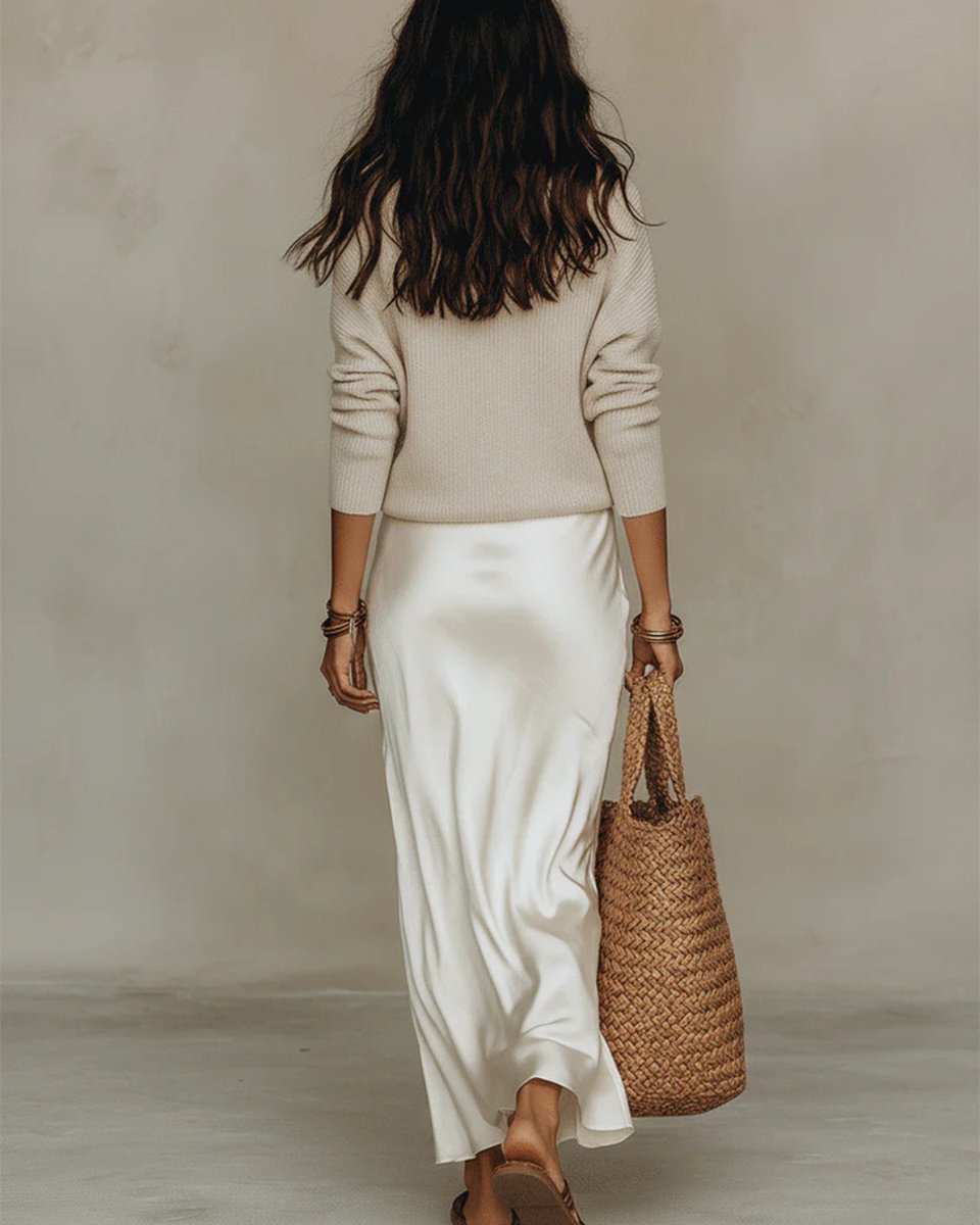Lotte | Dames Satijnen Midi Long Sleeve Dress met Gebreide Pullover
