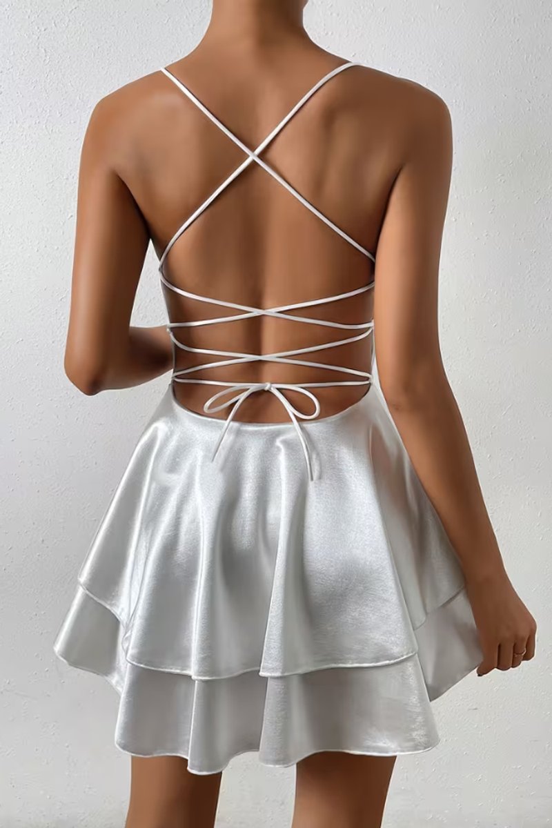 Anna | Dames Satijnen Open-Rug V-Hals Cocktail Dress Mini Skater