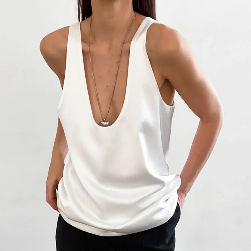 Elin | Dames Satijnen Relaxed-Fit Mouwloze Top Diepe U-Hals