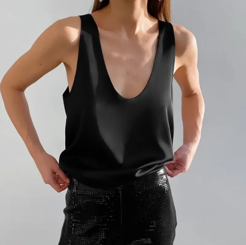 Elin | Dames Satijnen Relaxed-Fit Mouwloze Top Diepe U-Hals