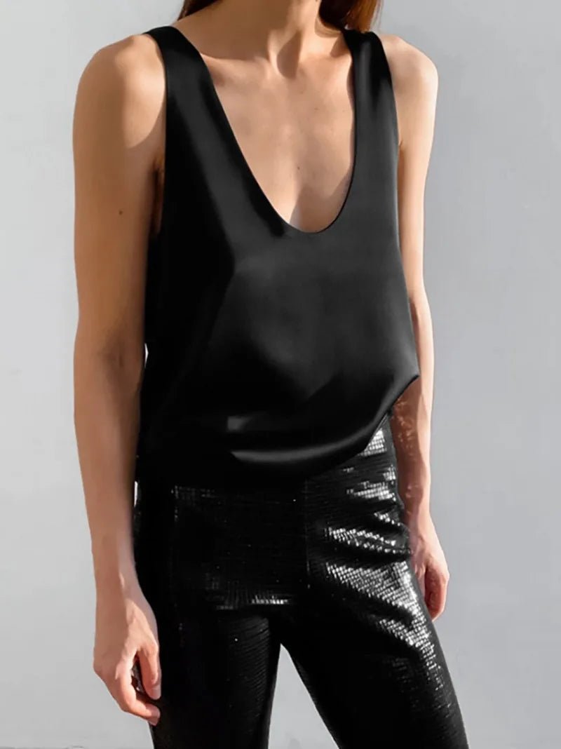 Elin | Dames Satijnen Relaxed-Fit Mouwloze Top Diepe U-Hals