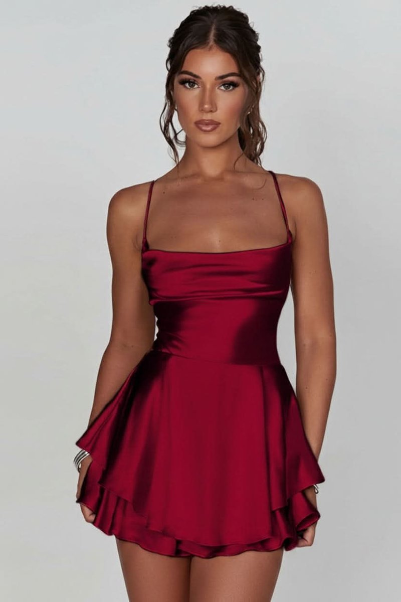 Lotte | Dames Satijnen Ruffle-Skirt Cocktailjurk Vierkante Hals