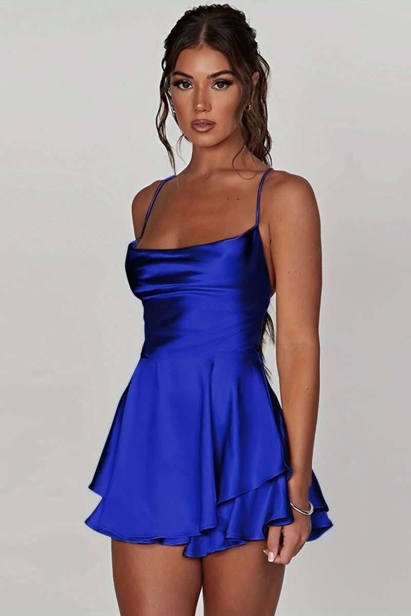 Lotte | Dames Satijnen Ruffle-Skirt Cocktailjurk Vierkante Hals
