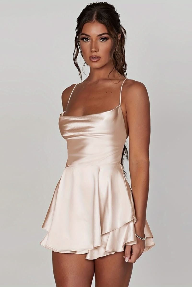Lotte | Dames Satijnen Ruffle-Skirt Cocktailjurk Vierkante Hals
