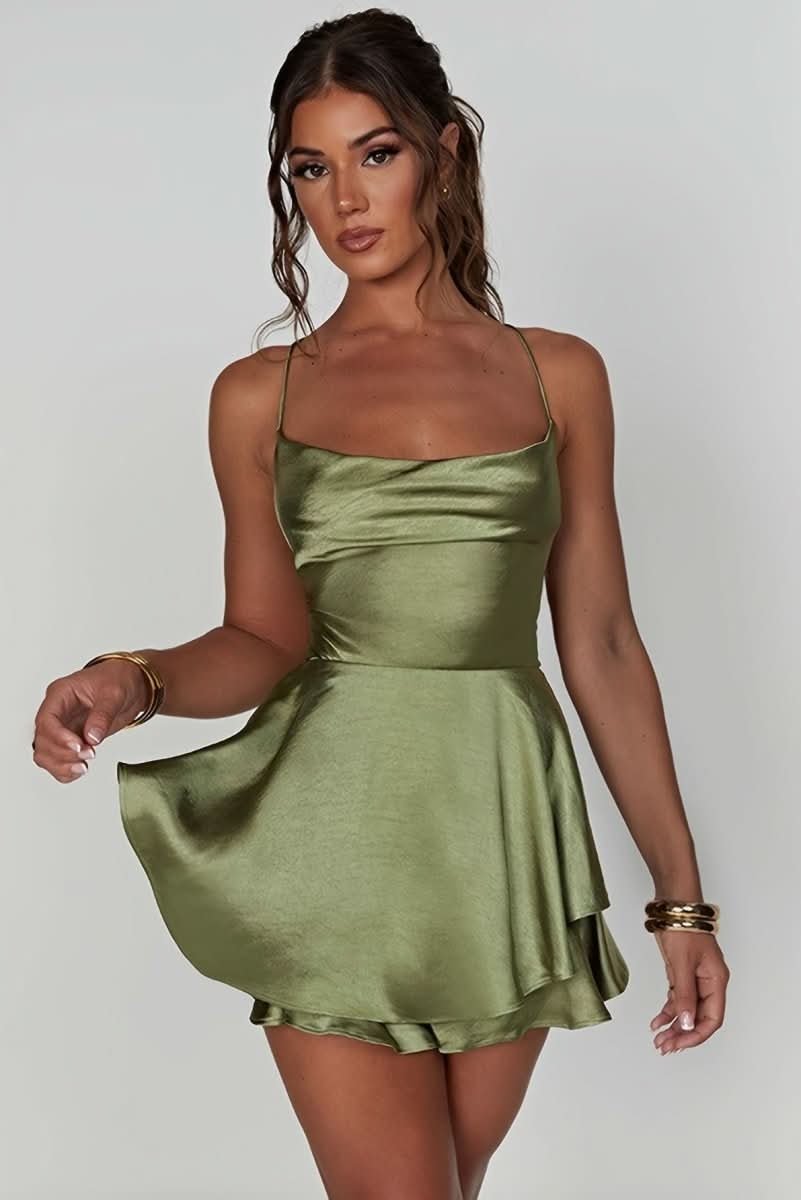 Lotte | Dames Satijnen Ruffle-Skirt Cocktailjurk Vierkante Hals