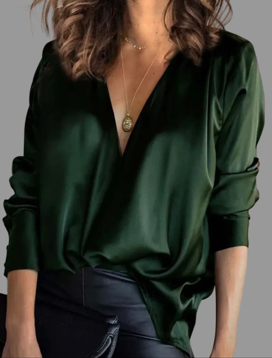 Femke | Dames Satijnen V-hals Blouse met Lange Mouwen